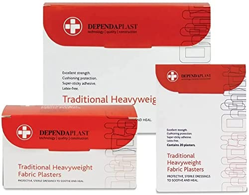 Dependaplast Fabric PlastersTraditional Heavyweight - Extra Cushioning And Physical Protection - Heavy Elastic Fabric - Super-Sticky Zinc Oxide Adhesive - Assorted Box of 100