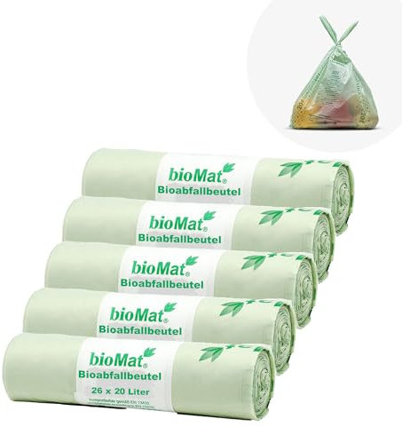 bioMat Kompostierbare 20l Biomüllbeutel mit Tragegriff, 130 Tüten, Premium-Qualität, DINplus Zertifiziert, Klimaneutral, Made in Germany