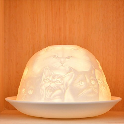 Nordic Light Tealight Candle Holder, Set of Shade & Plate, Cats Living, Dining Room Table, Home Decor Accessories-Porcelain-One Size, Ceramic, White Patterned