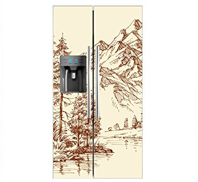 Vinilo Frigorífico Americano Dibujo Paisaje Rio Montañas | 91x177cm | Varias Medidas | Pegatinas de Nevera Económicas y Elegantes | Vinilo Nevera