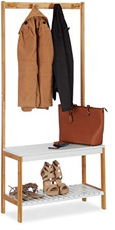 Relaxdays Garderobenständer mit Schuhregal, 4 Kleiderhaken, mit Ablage, Bambus & MDF, HBT 150 x 70,5 x 30 cm, natur-weiß