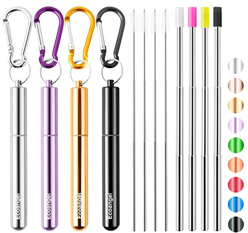 4 Pack Portable Reusable Metal Straw Collapsible Stainless Steel Drinking Straw Telescopic Straw to Drink Water Smoothie with Aluminum Key-chain Case & Cleaning Brush （Black & silver & purple & gold）