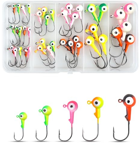 Fishing Jig Heads Hooks Kit, 40pcs Fishing Lures Jig Heads with Ball Head Crappie Jigs for Bass Trout Soft Worm Lures Freshwater Saltwater