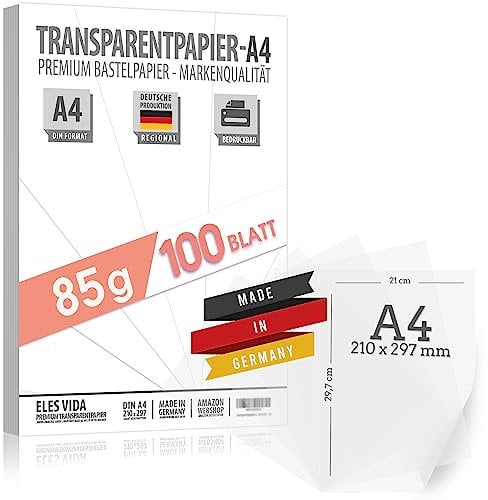 Transparentpapier Bedruckbar Weiß DIN A4-100 Blatt 85 g/m² - Pergamynpapier - Pergamentpapier Transparenzpapier - Zeichnen Pauspapier Laternenpapier - Für Laternenzuschnitte