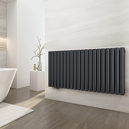 EMKE Heizkörper Horizontal 600x1180mm, Design Röhrenheizkörper Oval Heizkörper Doppellagig Heizung Seitenanschluss Anthrazit 1828W