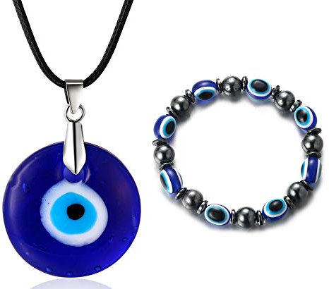 Halukakah Böser Blick Halskette Armband Set für Männer Frauen,Saphir Harz Blaues Auge Anhänger Wachsseil Hämatit Magnetischer Steinperlen Handgemachtes Schutz Mal de Ojo Schmuck mit Geschenkbox