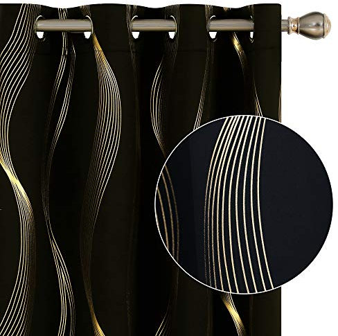Deconovo Lot de 2 Rideaux Doré Motif Ligne Occultant Thermique Anti Froid, 117x138 CM, Rideau à Oeillets Désign Moderne Chambre Maison Salon, Noir