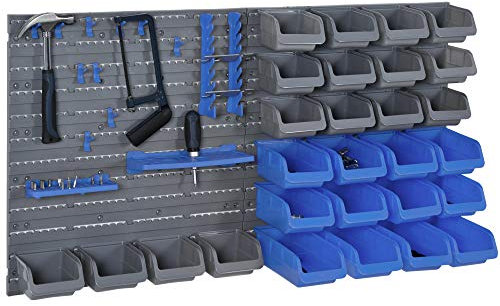 DURHAND Wandregal mit Stapelboxen 44 tlg Werkzeuglochwand Werkzeughalter Werkzeugwand für Werkstatt Sichtlagerkästen Hakenset PP Blau 54x22x95 cm