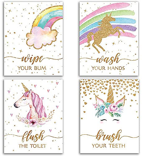 Einhorn-Badezimmerdekoration, lustiges Einhorn-Thema, inspirierende Zitate, Kunstdruck, humorvolle Zitate, Gemälde, Toilettenregeln, Kunstbild für Kinder, Set mit 4 (20.3 x 25.4 cm), ungerahmt
