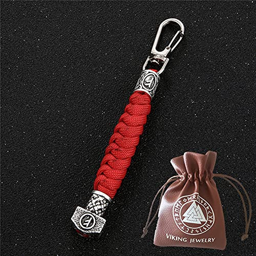 BBYOUTH Odin Rune Schlüsselanhänger Navy Regenschirm Schnur Handgemachte Geflochtene Männer Messer Auto Anhänger Nordischen Geschenk mit Wikinger Schmuck Tasche,Rot