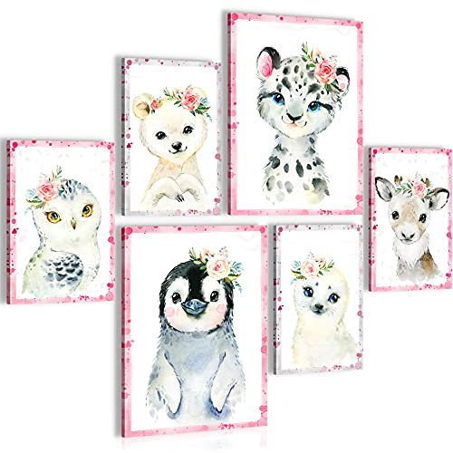 Novart Wandbilder Set Tiere Rosa - KEIN EXTRA RAHMEN BENÖTIGT - Modern Deko - Kinderzimmer Mädchen N017463a