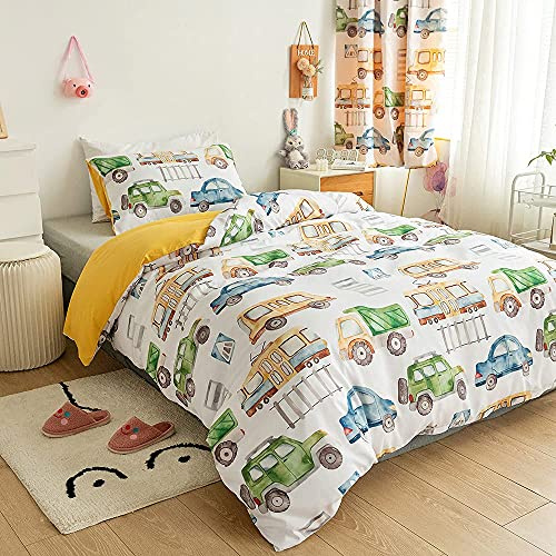 Kids Car Bedding Set Double Size Cartoon Bus Construction Truck Pattern Bedding & Linen Set for Boys Girls Soft Children Bedroom Cars Vehicle Decor Duvet Cover Set (1 Duvet Cover + 2 Pillow Cases)