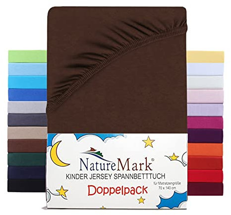 NatureMark 2er Set Kinder Spannbettlaken Jersey, Spannbetttuch 100% Baumwolle, für Babybett und Kinderbett | 70x140 cm - Schoko braun