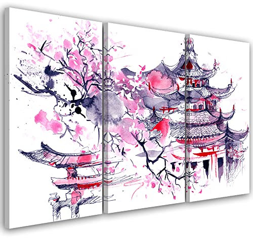 Feeby 3-teilig Leinwandbild XXL 120x80 cm Pagode Japan Blühender Kirschbaum Wandbild Kunst Bilder Schlafzimmer Deko Wohnzimmer Asien Orientalisch Osten Rosa