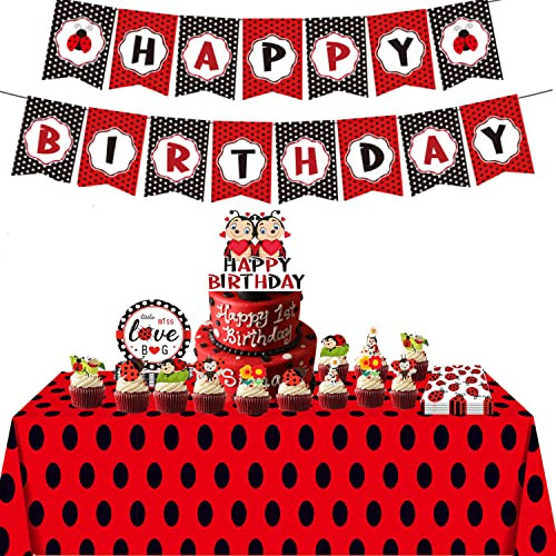 Ghberll Ladybug Party Supplies Girls Birthday Party Decoration Tableware Kit Included Banner Complete Party Supply Favor Pack Set for 8 Children Kids, Red (LPS-003)