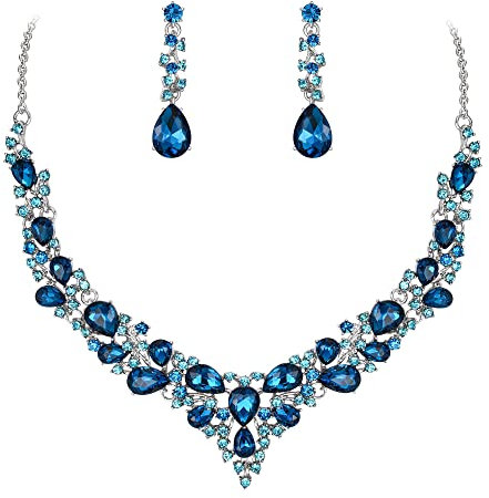 Ever Faith Wedding Bridal Crystal Teardrop Cluster Statement Necklace Dangle Earrings Jewellery Set for Women Sky Blue