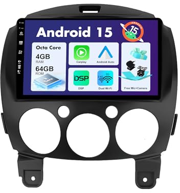 SXAUTO Android 12 IPS Autoradio Passt für Mazda 2 (2007-2012) - Eingebaut Wireless Carplay/Android Auto/DSP/GPS - LED Kamera + MIC - [4G+64G] - DAB SWC WiFi Fast-Boot 360-Camera 4G BT - 2 Din 9 Zoll