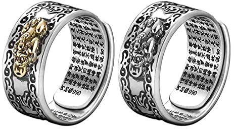 FWIW Feng Shui Pixiu Mani Mantra Schutz Reichtum Ring, Silber, Asiatisch, Glücksring, Damen Herren, Buddhistischer Schmuck, Verstellbar, 99 Silber Buddhistische Herz Sutra Ring