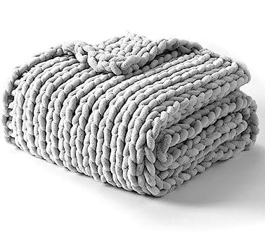 YNM Chunky Throw Blanket, Hand Knitted with Chenille Yarn, Skin Friendly, Ventilated and Breathable, Machine Washable, Home Décor Piece for Couch, Sofa and Bed (Glacier Grey, 50x60 Inch)