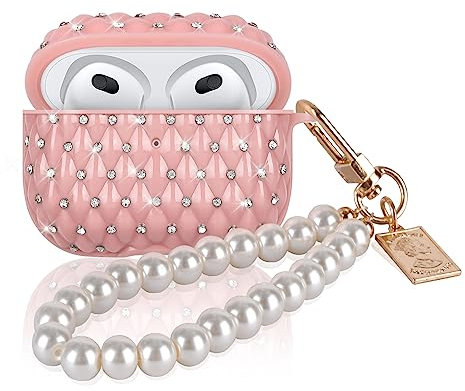 Sparkle Taschen für Airpods 3 Generation mit Cristal Diamant Design, Glitzer Stoßfeste Schutzhülle mit Schlüsselanhänger Perle für Mädchen, Silikon Hülle Anti-Rutsch Ultradünn Kein Geruch - Rosa