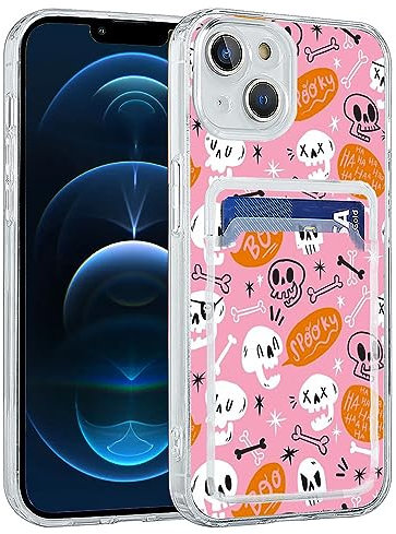Kyppwh Aesthetic Phone Case for iPhone 13 Mini with Card Holder,Spooky White Skull Bone Halloween Pattern Phone Case Cool Trendy Design Soft TPU Gift Cover Case for iPhone 13 Mini