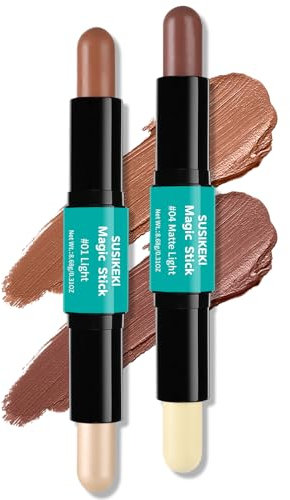 Contour Stick, 2Pcs Dual-Ended Highlighter Makeup Pen & Contouring Stick for Face Shaping, Long Lasting Waterproof Cream Bronzer & Highlight Sticks Make Up Kit for All Skin Tones (01# + 04#)