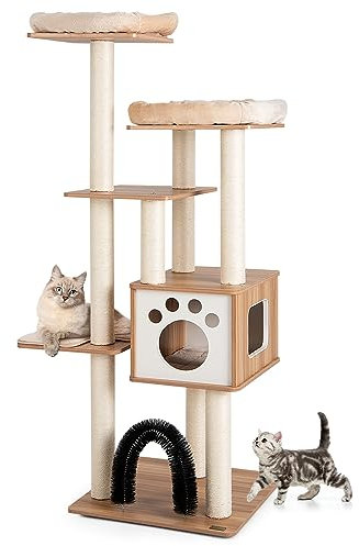 GOPLUS Árbol para Gatos de Madera de XXL 176 CM, Torre para Gatos de 5 Niveles con Poste Rascador de Sisal, Diseño Antivuelco, Árbol Rascador con Cojines Cómodos, 59×59×176CM