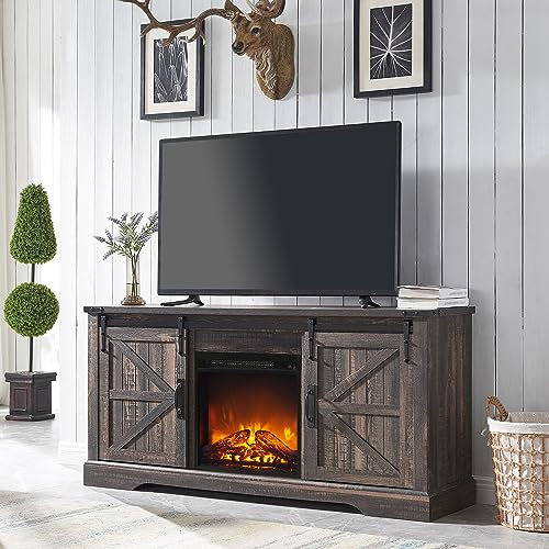 OKD Farmhouse Electric TV Stand for 65+ Inch TV, Rustic Entertainment Center with 18 Fireplace, Sliding Barn Door, Storage Shelves, Wood Media Console Cabinet for Living Room, Dark Rustic Oak