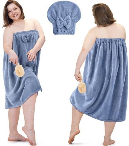 Xtinmee 2 juegos de toallas envolventes para mujer con toalla para el cabello, toalla de baño de talla grande, toalla de ducha, toalla de spa para mujer (azul)