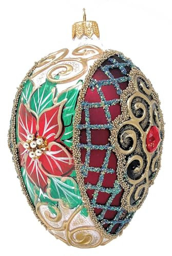 Polish Gallery Fabergé Egg Christbaumschmuck aus geblasenem Glas, 12,7 cm, roter Weihnachtsstern 2023, Burgunderrot, matt