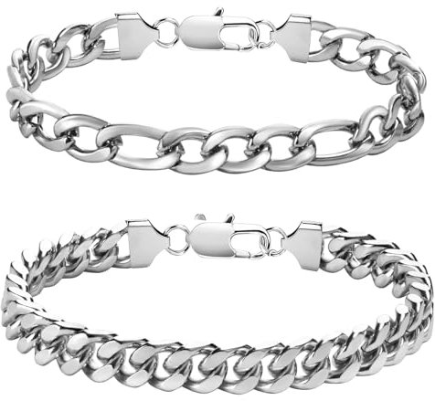LOCCY Armband Herren, Silber Edelstahl Herrenarmbänder Panzerkette Armband Königskette Armbänder Figaro Armbänder Glieder Link Armkette für Männer Jungs (Set 1 Silber-8mm, Zentimeter, 23)