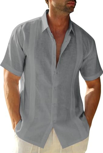 Friptspyg Mens Shirts Short Sleeve Shirts Men Linen Button Down Beach Causual Shirts for Men Adult with Pocket, Dark Grey XL