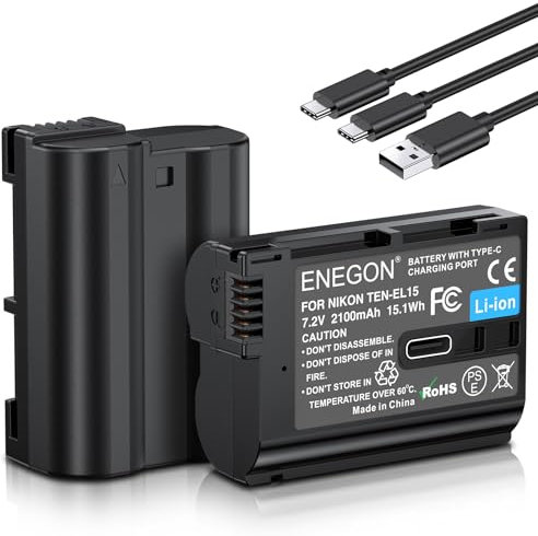 ENEGON EN-EL15/EL15c Batteries à Charge directe pour (2100mAh) avec Port de Charge Type C pour Nikon Z5,Z6, Z7,Z8, D7100, D750, D7000, D7200, D600,D610,D880, D810,D810a,D800,D850