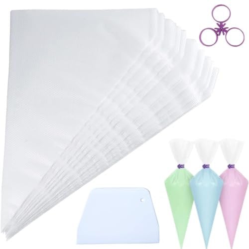 Bolsas de Pastelería Desechables, 12 Pulgadas - 100 Bolsas de Pastelería Anti Ráfagas, Manga Pastelera para Glaseado, 3 Atadores de Bolsas y 1 Raspador de Pastel, Decoración de Pasteles y Galletas