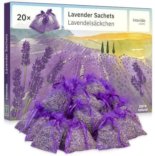 Inovida Sachets Parfumés de Lavande Séchée - Protection Contre Les Mites pour Armoire, Linge et Placard - Sac Naturel pour la Maison ou la Voiture (20 Sachets)
