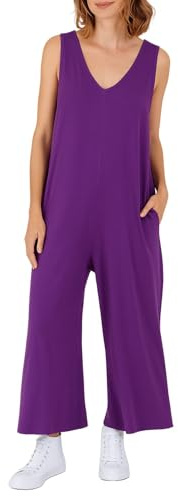STAR FASHION Womens Sleeveless Plain V-neck Jumpsuit Long and Lightweight Comfy for Summer Beach Party Causal Ladies Wide Leg Romper Overalls UK One Size 16 to 22
