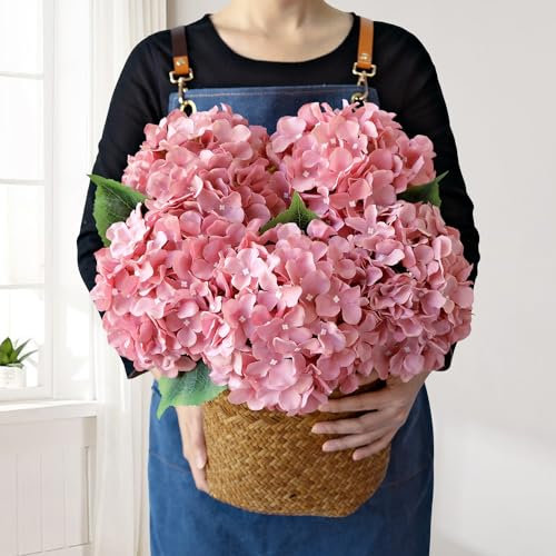 JINWOE 5 x 50,8 cm große, rosafarbene Hortensien aus Seide, lebensechte künstliche Blütenköpfe mit Stielen, künstliche Hortensien, Blumen für Heimwerker, Hochzeit, Babyparty, Tafelaufsatz,
