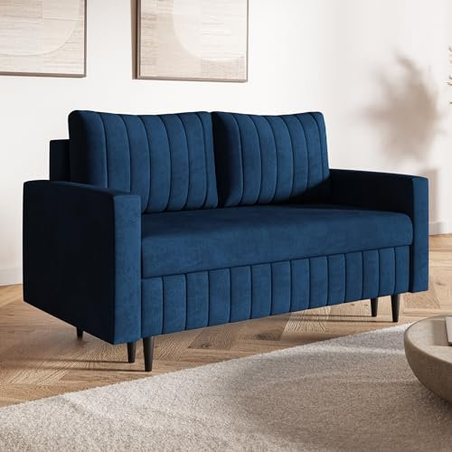 MOTIVENA Leo 2-Sitzer Schlafsofa, 160 cm Breit, Schlafsofa mit Schlaffunktion, Samt Sofa Blau