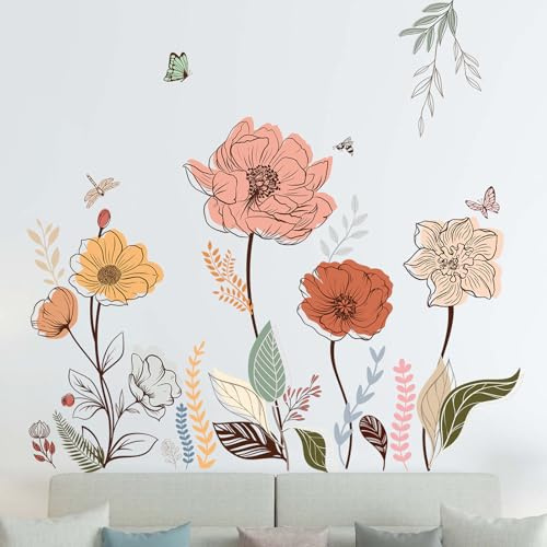 Amimagen Wandtattoos Boho Blume Wandaufkleber - Wildblume Blumen Gras Wandsticker - Wohnzimmer Schlafzimmer TV Sofa Hintergrund Familie Wanddekor