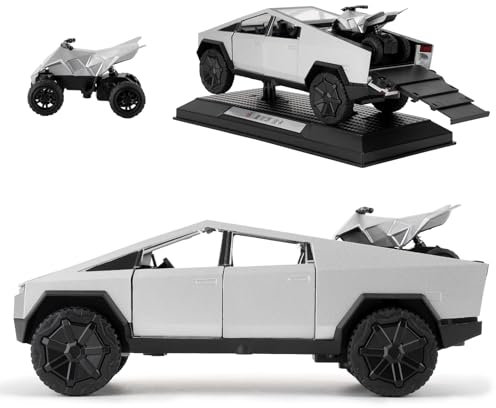 TGRCM-CZ 1/32 Tesla Cybertruck Elektrisches Pick-Up LKW Modell Auto Mit einem Motorrad, Zink Legierung Pull Back Spielzeugauto mit Ton und Licht für Kinder Jungen Mädchen Geschenk (silbrig)