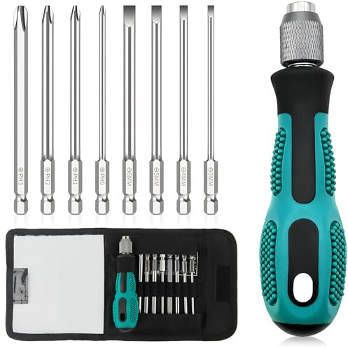 8 in 1 Screwdriver Set 1/4 Magnetic Screwdriver with 4 Flat 4 Cross Head Bits, Ergonomic Screwdriver Hand Tools, Soft-Grip Handle Interchangeable Chrome Vanadium Screwdrivers