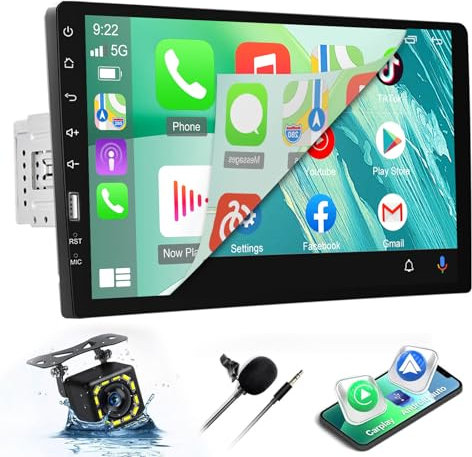 Radio 1 DIN con Pantalla con Carplay y Android Auto - 9 Pulgadas Pantalla Táctil Radio Pantalla 1 DIN con Igualador, Enlace Espejo, Bluetooth, Radio FM, SWC + Cámara de Marcha Atrás