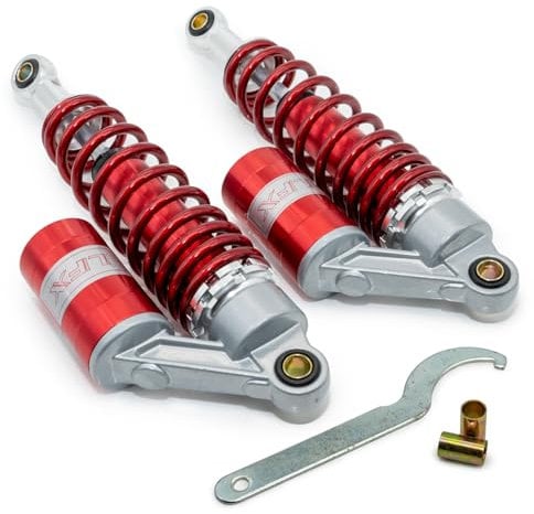 Tuning-Federbeine Maxtuned 325-355mm, mit externen Ausgleichsbehälter, rot/silber für Simson S50, S51, S70 Stoßdämpfer