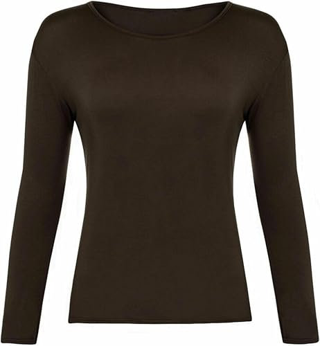 FASHION MY LOVE Women Ladies Long Sleeve Round Neck Plain Top Stretchy Casual Summer T-Shirts Basic Slim fit Tee Tops UK Plus Size 8-26 Chocolate Brown
