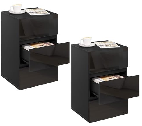 EUGAD 2er Set Nachttisch schwarz, Nachtschrank mit 3 Schubladen in Hochglanz, Moderne Nachtkommode für Boxspringbett, Beistelltisch Ablagetisch für Schlafzimmer Wohnzimmer, 40x35x62cm,0014CTG-2