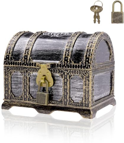 Rongxze Cofre del Tesoro, Cofre del Tesoro Pirata Vintage con Cerradura, Cofre Pirata Plástico para Regalos para Decorar Fiestas de Piratas, Almacenamiento, Regalo Infantiles (14 x 10.5 x 11cm)