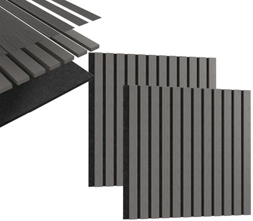 YUENFONG Akustikpaneele Echtholz 60x60cm, 2er Set Lamellenwand Wandpaneele Wandverkleidung Holzpaneele aus MDF Polyvinylfaser, Akustikplatten Moderne Wandpaneel, Grau