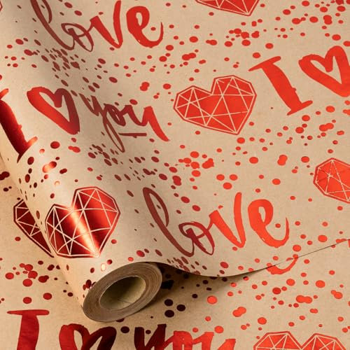 RUSPEPA Kraft-Geschenkpapierrolle – Minirolle – Geschenkpapier für Liebhaber mit rotem Herz- und Textmuster aus Folie, ideal für Valentinstag, Partys und mehr – 43,2 cm x 10 m