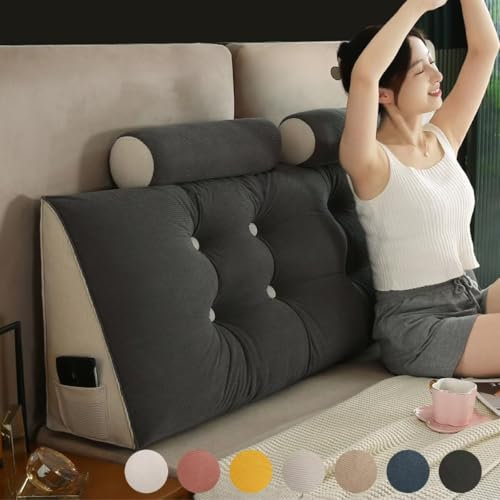 Rückenkissen Bett 200 cm Grau, Bettkissen Rückenlehne mit Nackenrolle, Wasserdicht Rückenstützkissen Gestreifter Flanell Keil Kopfteil Kissen mit Seitentasche, Waschbar Abnehmbar Lesekissen für Bett