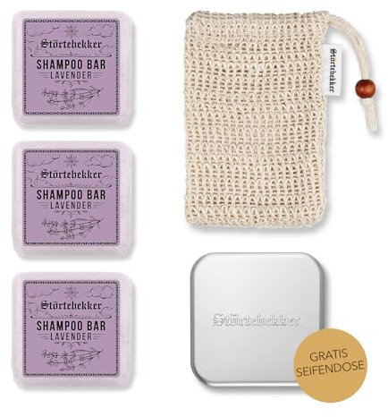 Störtebekker® Premium Duschset - Festes Shampoo Lavendel (x3), Sisalsäckchen + GRATIS Seifendose Aluminium - Shampoo Bar Set für Haar, Gesicht & Körper - Handgefertigt in Seifenmanufaktur